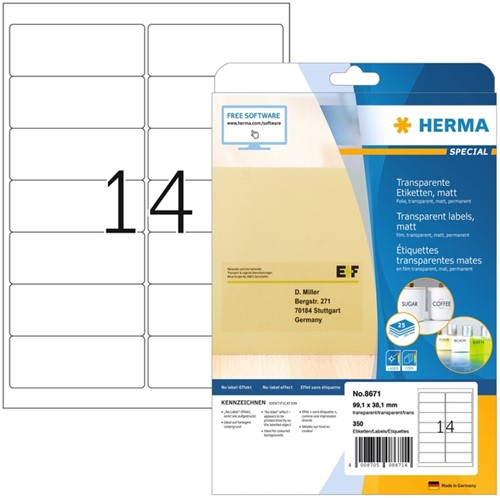 Etiket HERMA 8671 A4 99.1x38.1mm folie transparant mat 350st