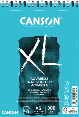 Aquarelblok Canson XL Aquarelle A5 20V 300gr spiraal