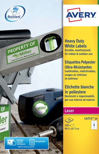 Etiket Avery L4715-20 99.1x67.7mm weerbestendig wit 160 etiketten