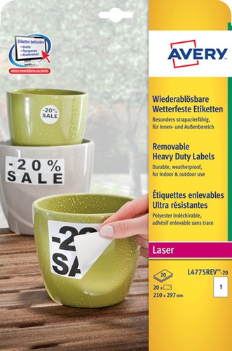 Etiket Avery L4775REV-20 210x297mm wit 20 etiketten