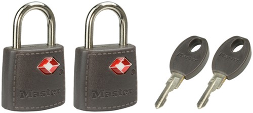 Hangslot Masterlock 2 gelijksluitend ABS cover TSA assorti in willekeurige kleur 30mm 2 stuks
