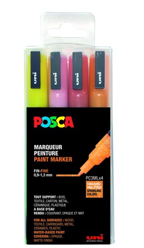 Verfstift Posca PC3M fijn glitter warm assorti set à 4 stuks