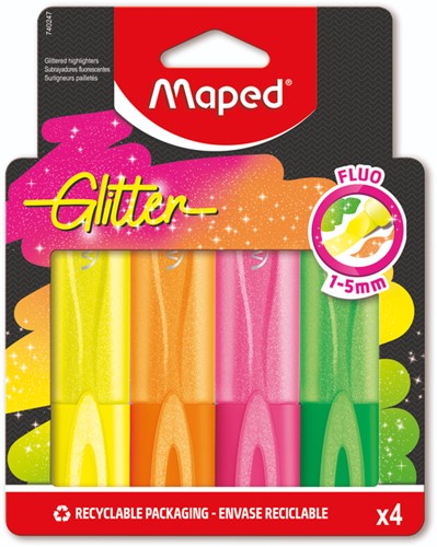 Markeerstift Maped Glitter set à 4 fluoriserende kleuren