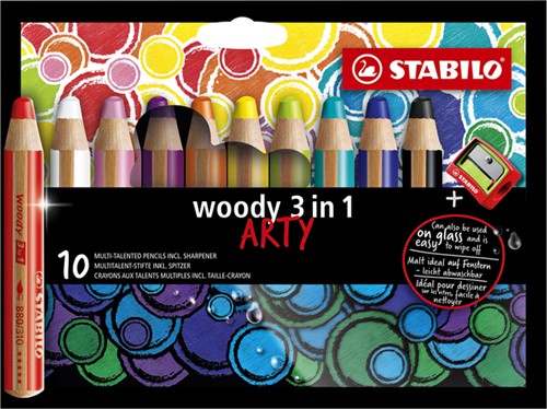 Kleurpotloden STABILO 880 woody 3 in 1 Arty inclusief puntenslijper assorti etui à 10 stuks
