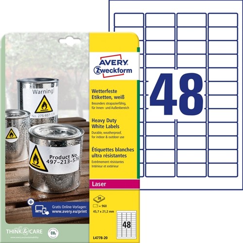 Etiket Avery L4778-20 45.7x21.2mm polyester wit 960 etiketten