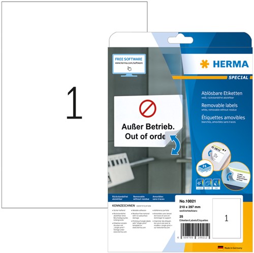 Etiket HERMA 10021 210x297mm A4 verwijderbaar wit 25 etiketten