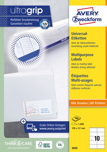 Etiket Avery Zweckform 3425 105x57mm wit 1000stuks