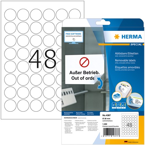 Etiket HERMA 4387 30mm verwijderbaar wit 1200 etiketten