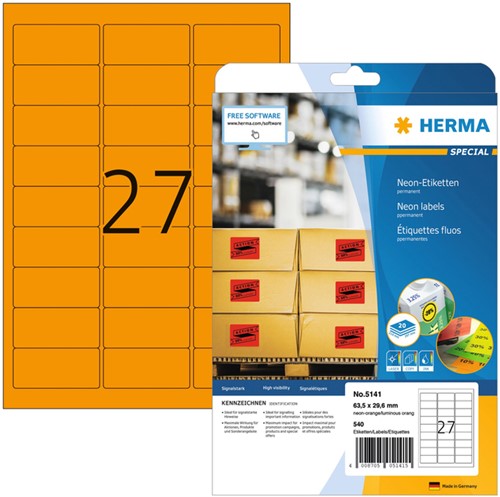 Etiket HERMA 5141 63.5x29.6mm neon oranje 540 etiketten