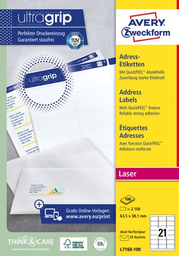 Etiket Avery L7160-100 63.5x38.1mm wit 2100stuks