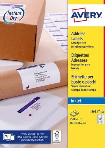 Etiket Avery J8651-100 38.1x21.2mm wit 6500 etiketten