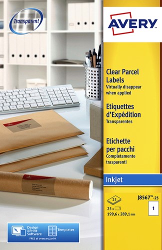 Etiket Avery J8567-25 210x297mm A4 transparant 25 etiketten