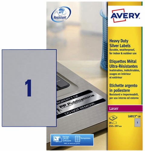 Etiket Avery L6013-20 210x297mm zilver 20 etiketten