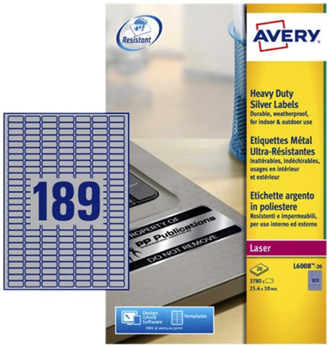 Etiket Avery L6008-20 25.4x10mm zilver 3780 etketten