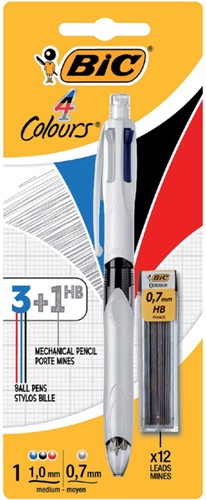 Balpen Bic 3kleuren met vulpotlood HB 0.7mm medium wit blister à 1 stuk