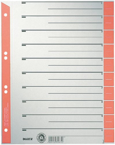 Scheidingsbladen Leitz A4 karton 230gr 6-gaats rood 100 stuks